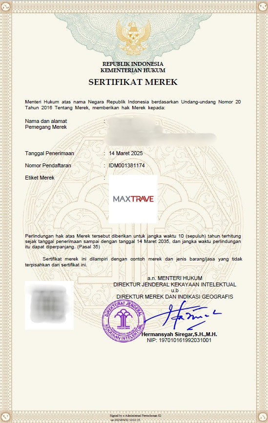 Sertifikat Merek MAXTRAVE — IDM001381174